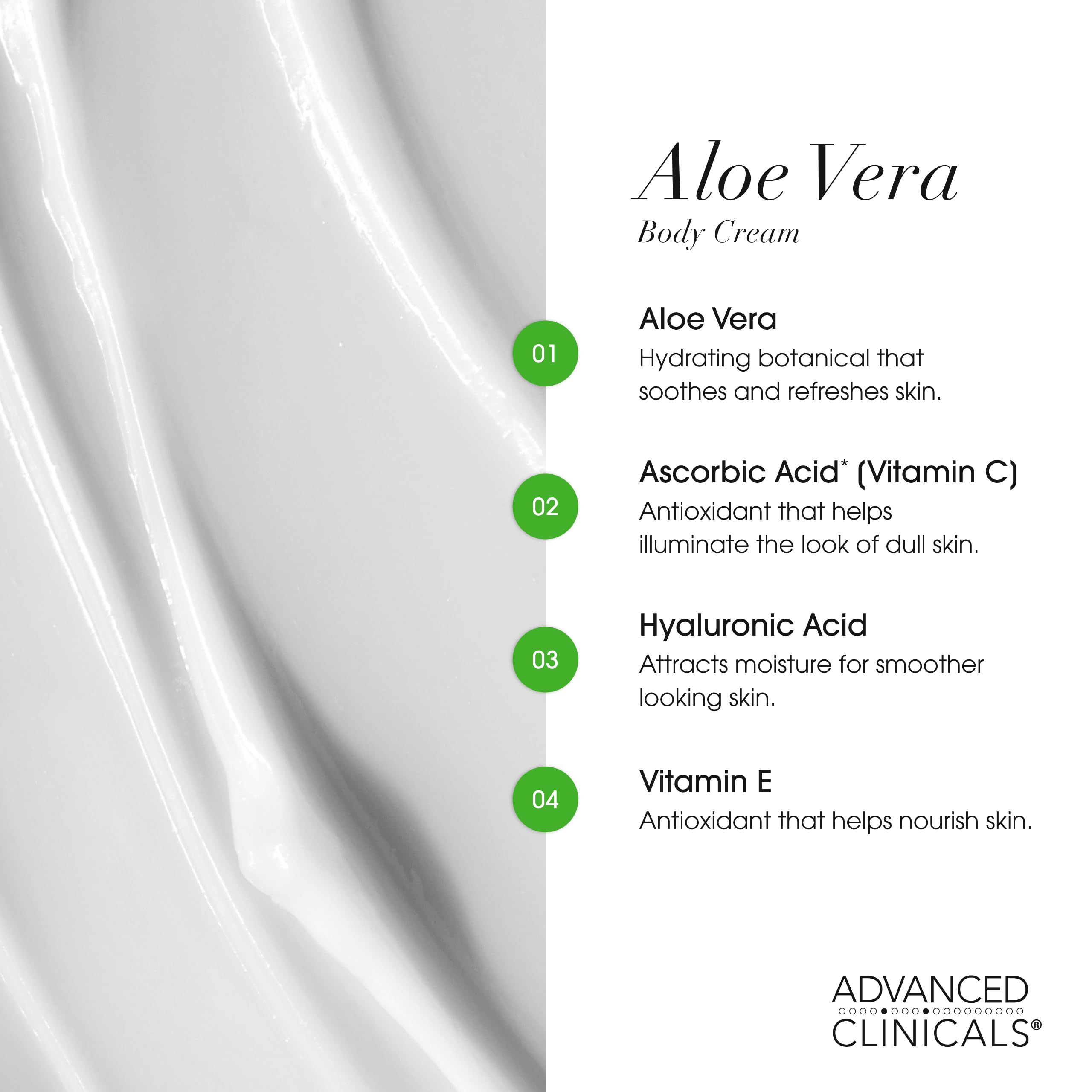 Advanced Clinicals Hyaluronic acid ingredient emphasizes deep hydration and moisture retention.