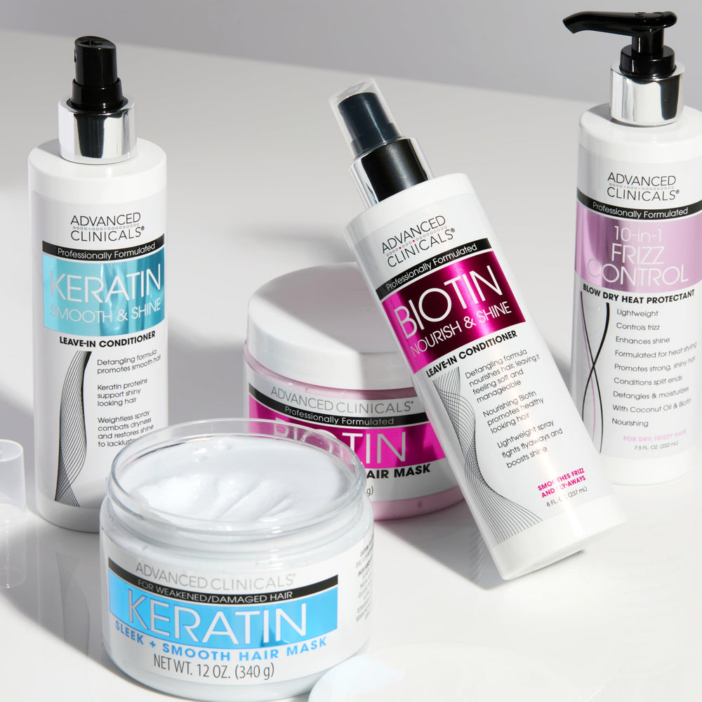 Advanced Clinicals Keratin Detangler Spray ingredients include amino acids and olive oil.