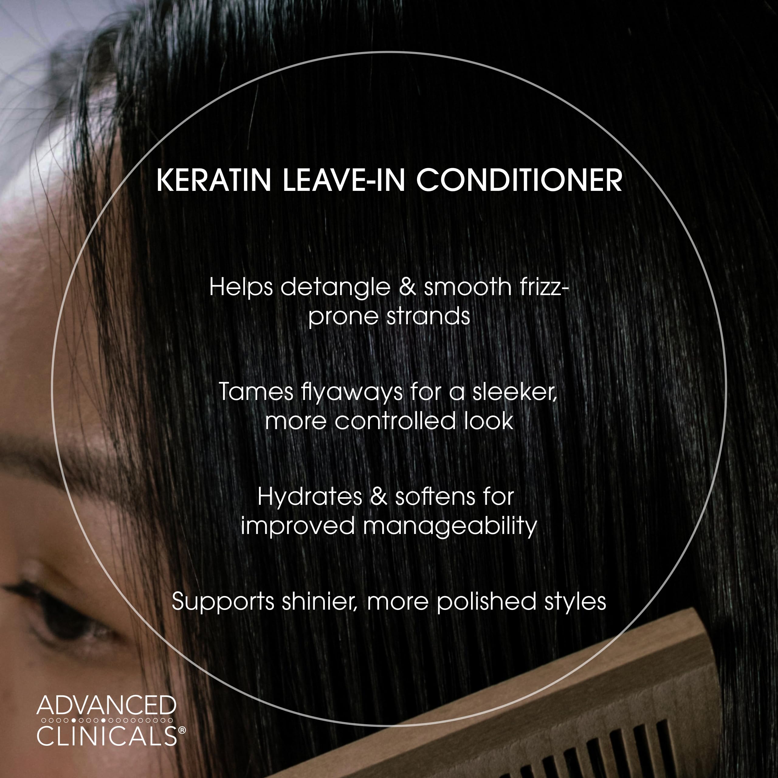 Advanced Clinicals Keratin Detangler Spray label highlighting keratin and nourishing actives.