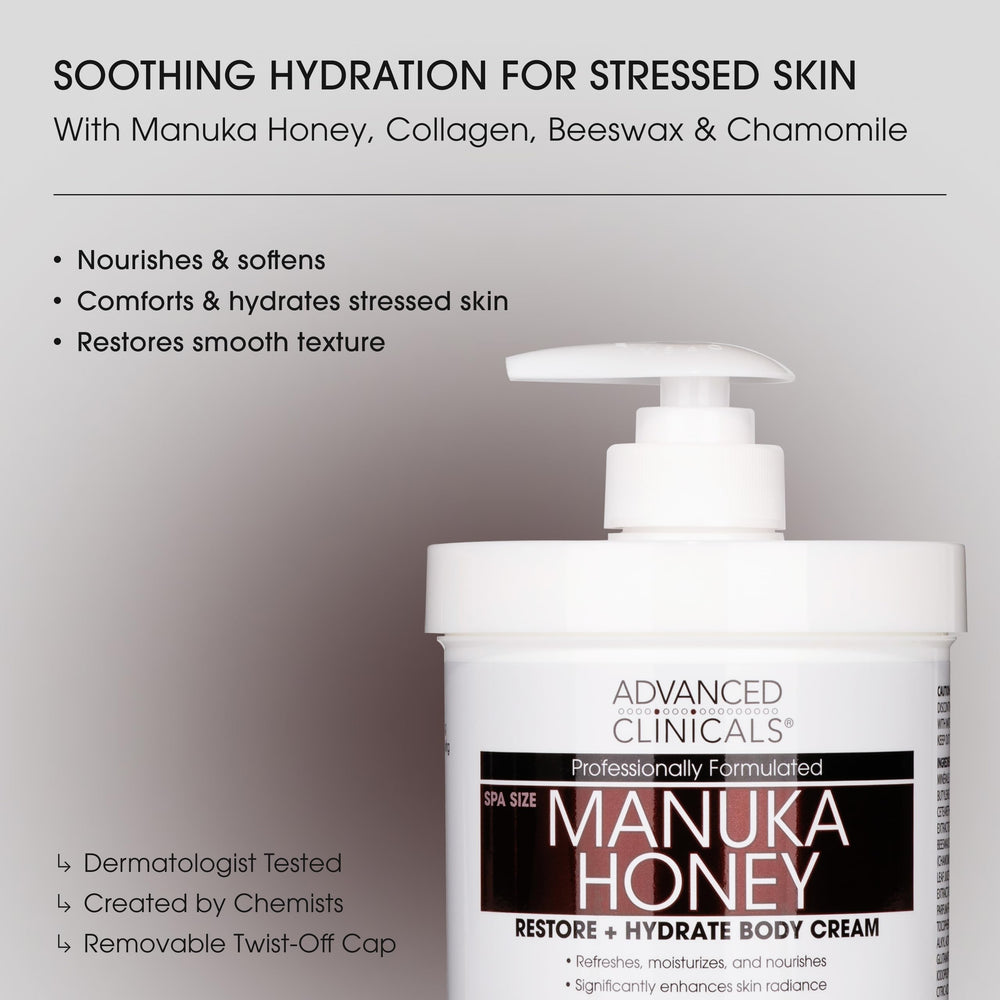 Advanced Clinicals Manuka Honey Body Cream bottle highlights rich hydration for thirsty skin.
