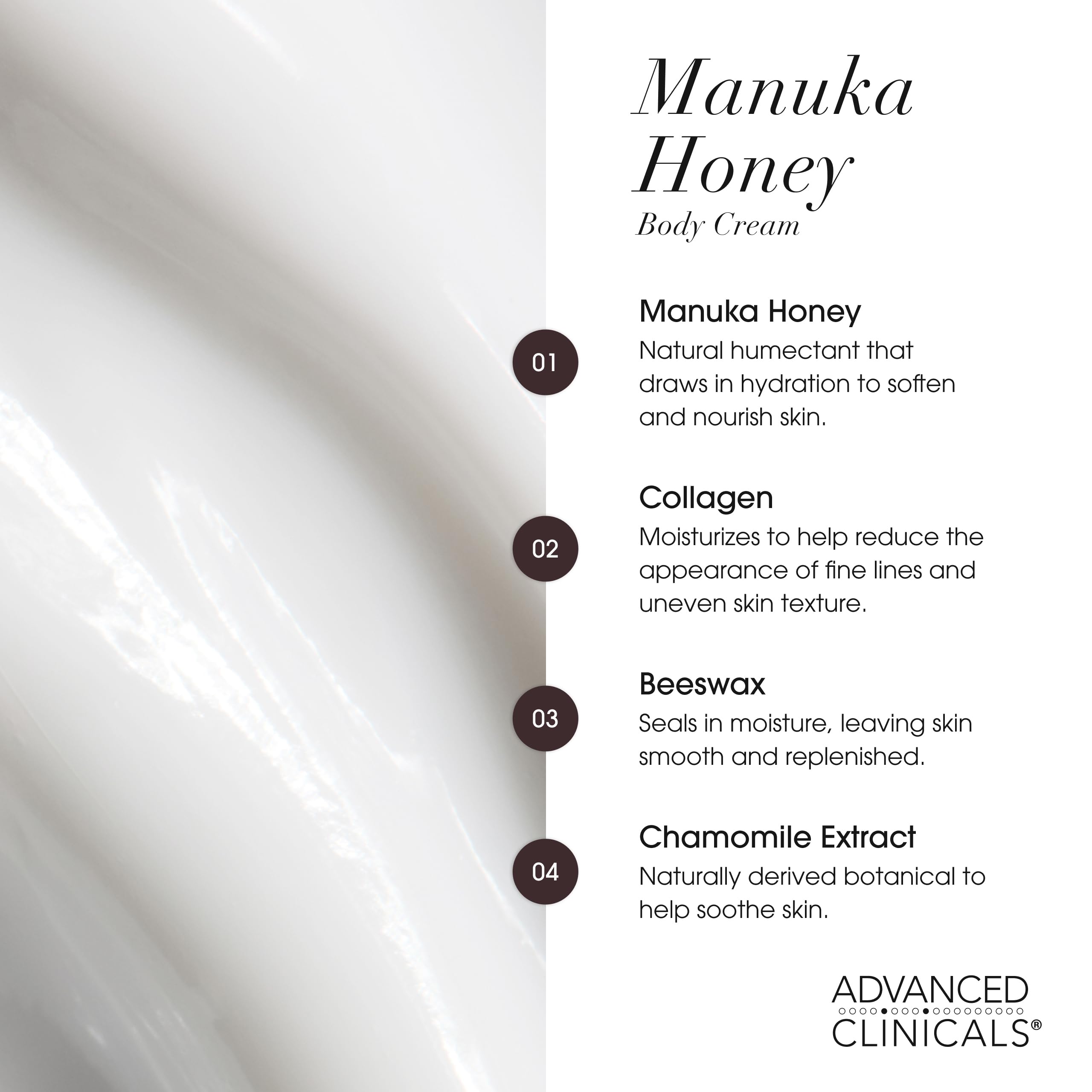 Advanced Clinicals Manuka Honey Body Cream non greasy finish on skin
