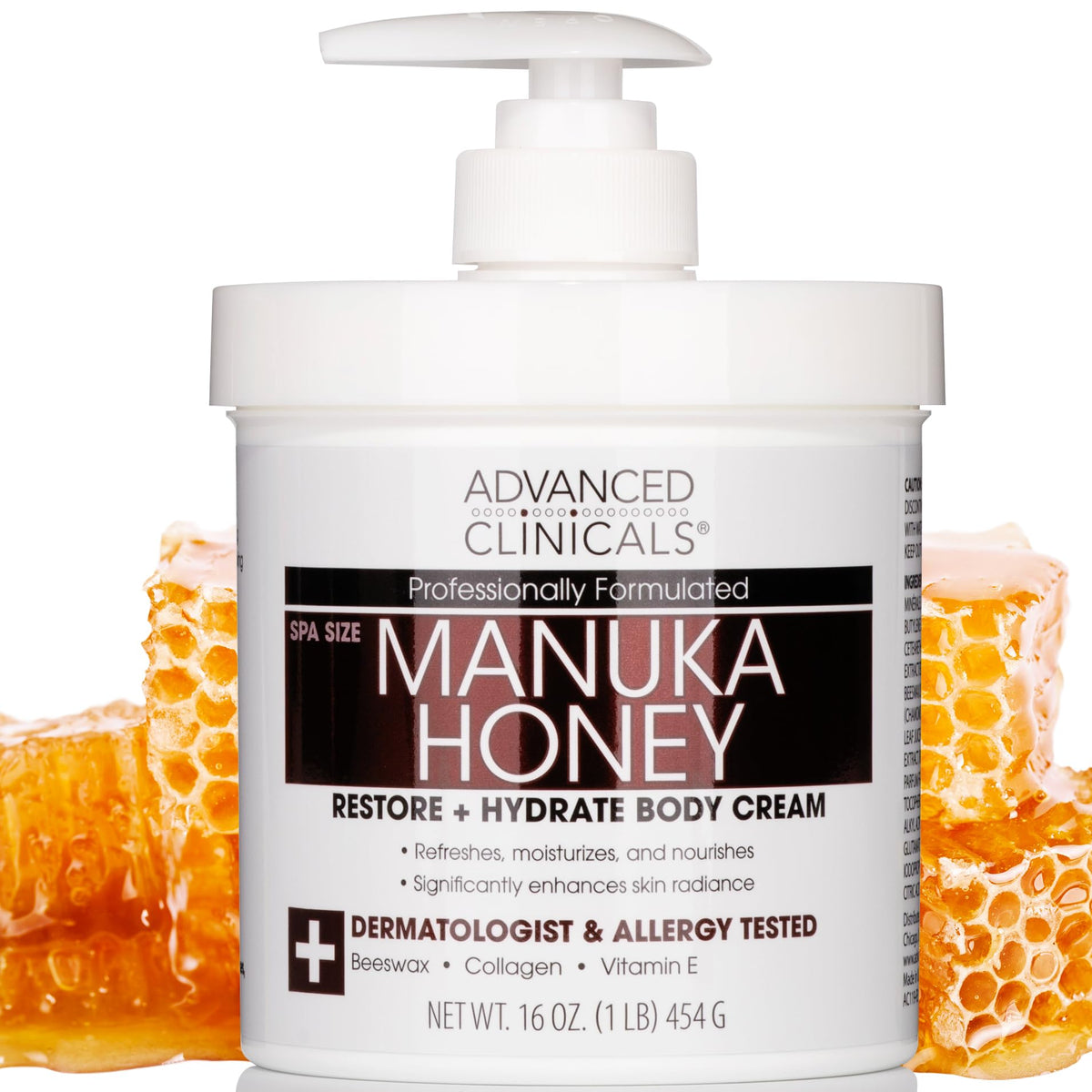 Advanced Clinicals Manuka Honey Body Cream packaging showcases premium skincare for dry skin.
