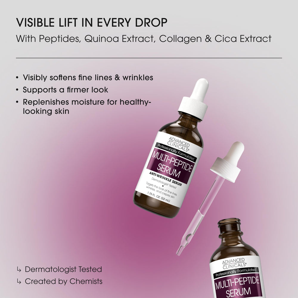 Advanced Clinicals Multi Peptides Serum bottle pour demonstrates easy dispensing.