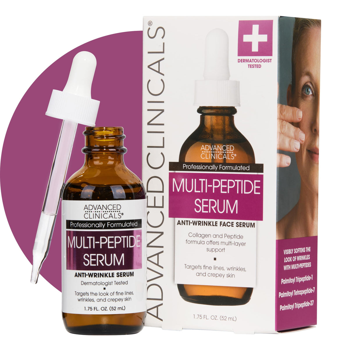 Advanced Clinicals Multi Peptides Serum face bottle showing hydrating and firming potential