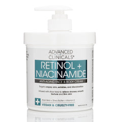 Advanced Clinicals night skincare routine with retinol bottle beside towel and lamp.