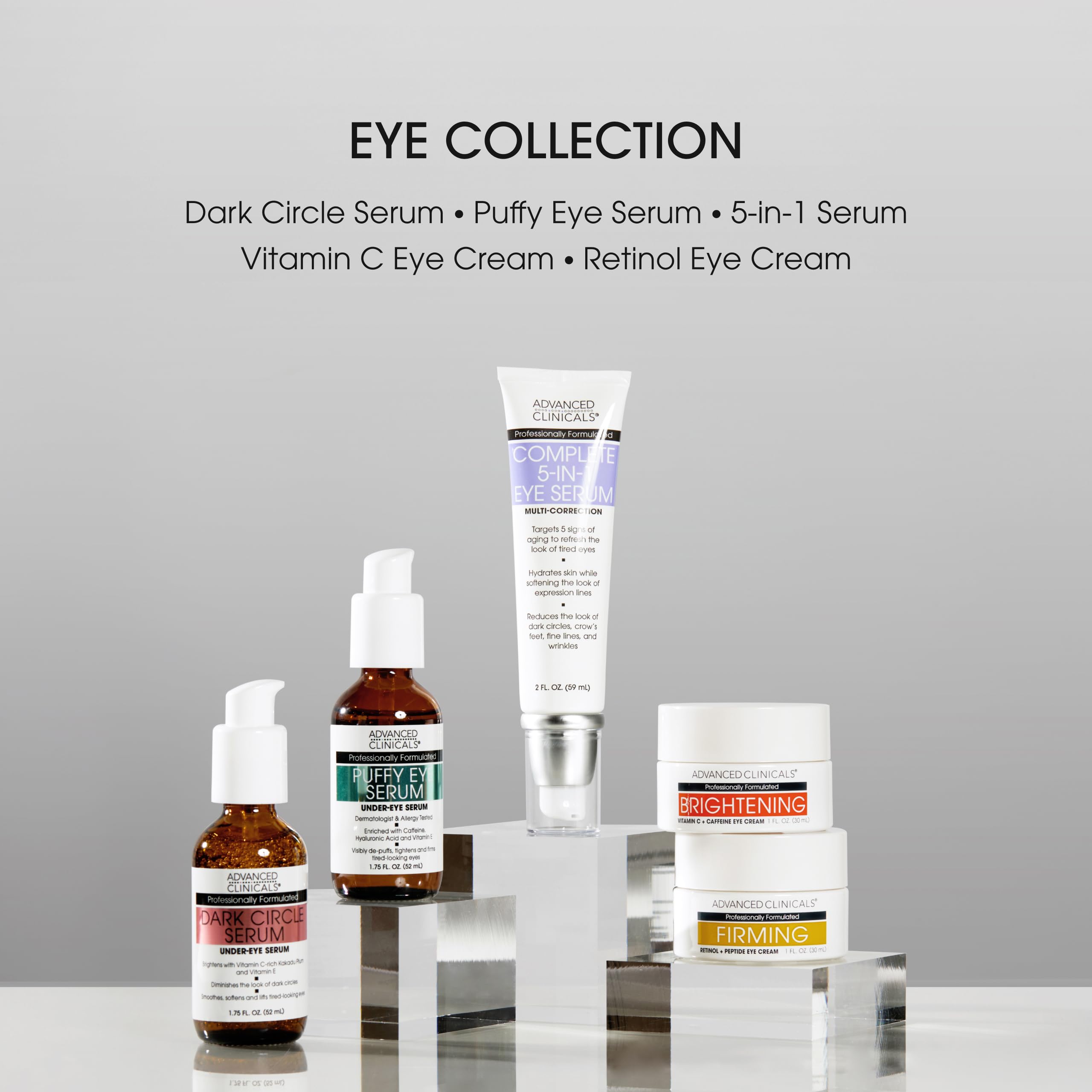 Advanced Clinicals Puffy Eye Serum packaging highlights premium, travel-friendly design