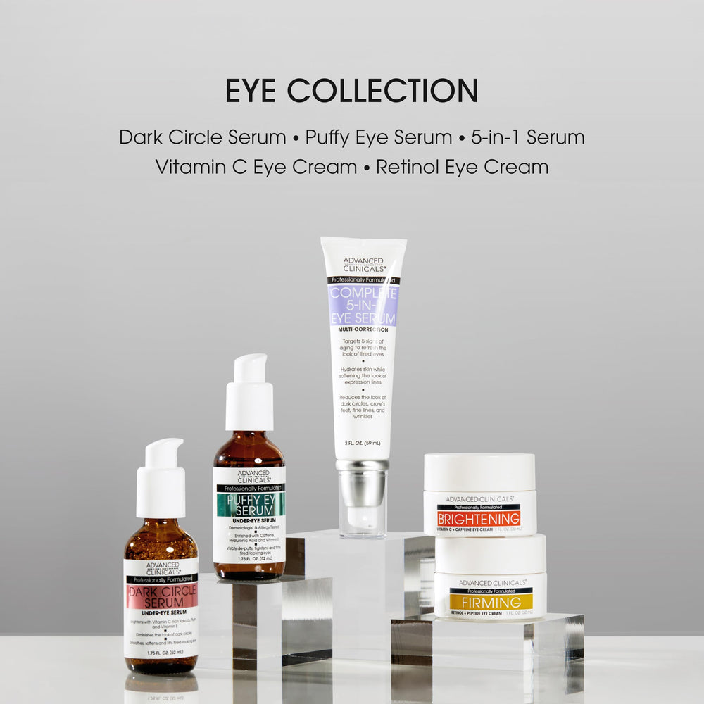 Advanced Clinicals Puffy Eye Serum packaging highlights premium, travel-friendly design