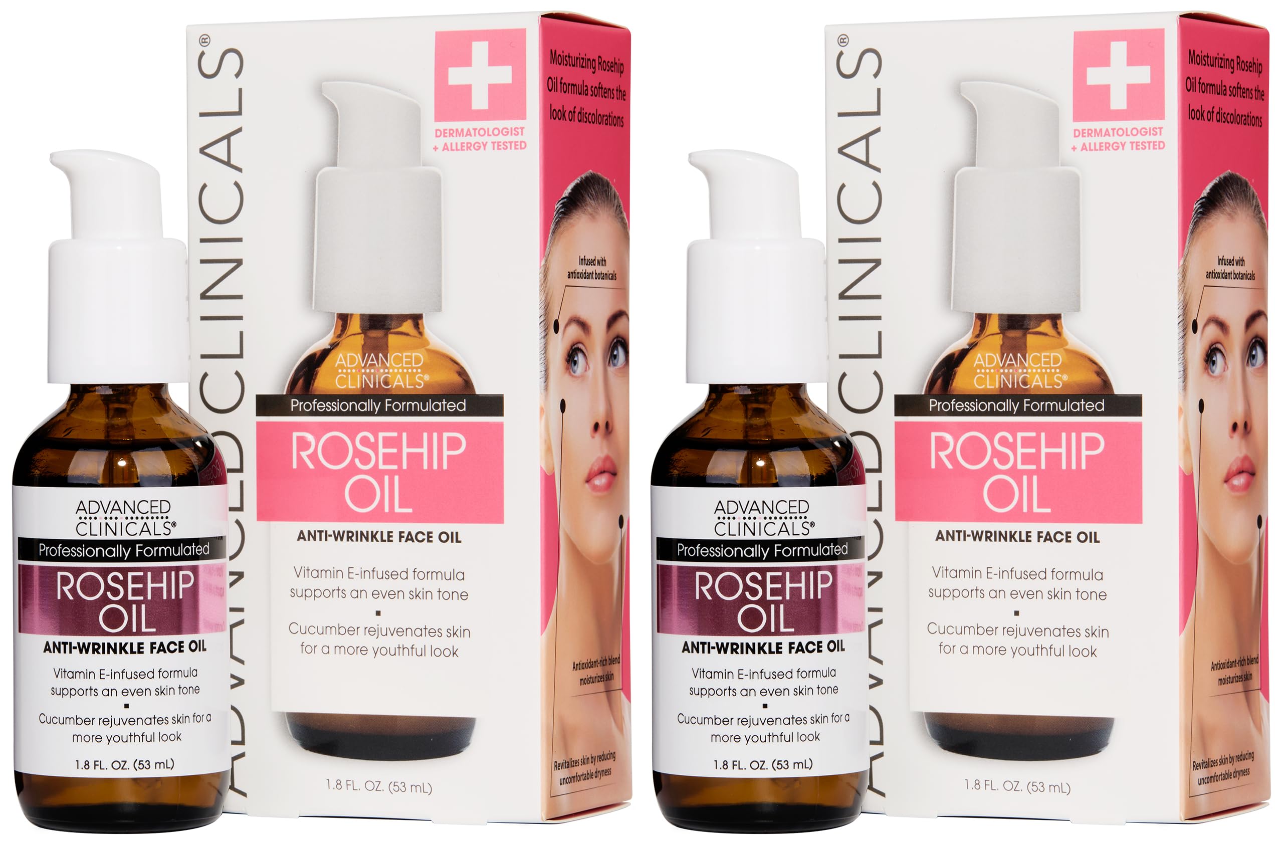 Advanced Clinicals Rosehip Oil Face bottle pour showing hydrating, radiant skin potential