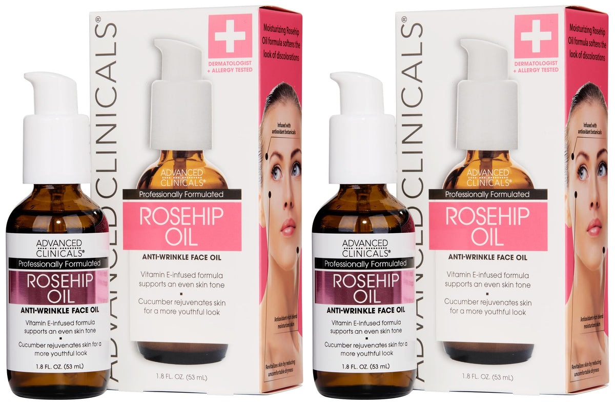 Advanced Clinicals Rosehip Oil Face bottle pour showing hydrating, radiant skin potential
