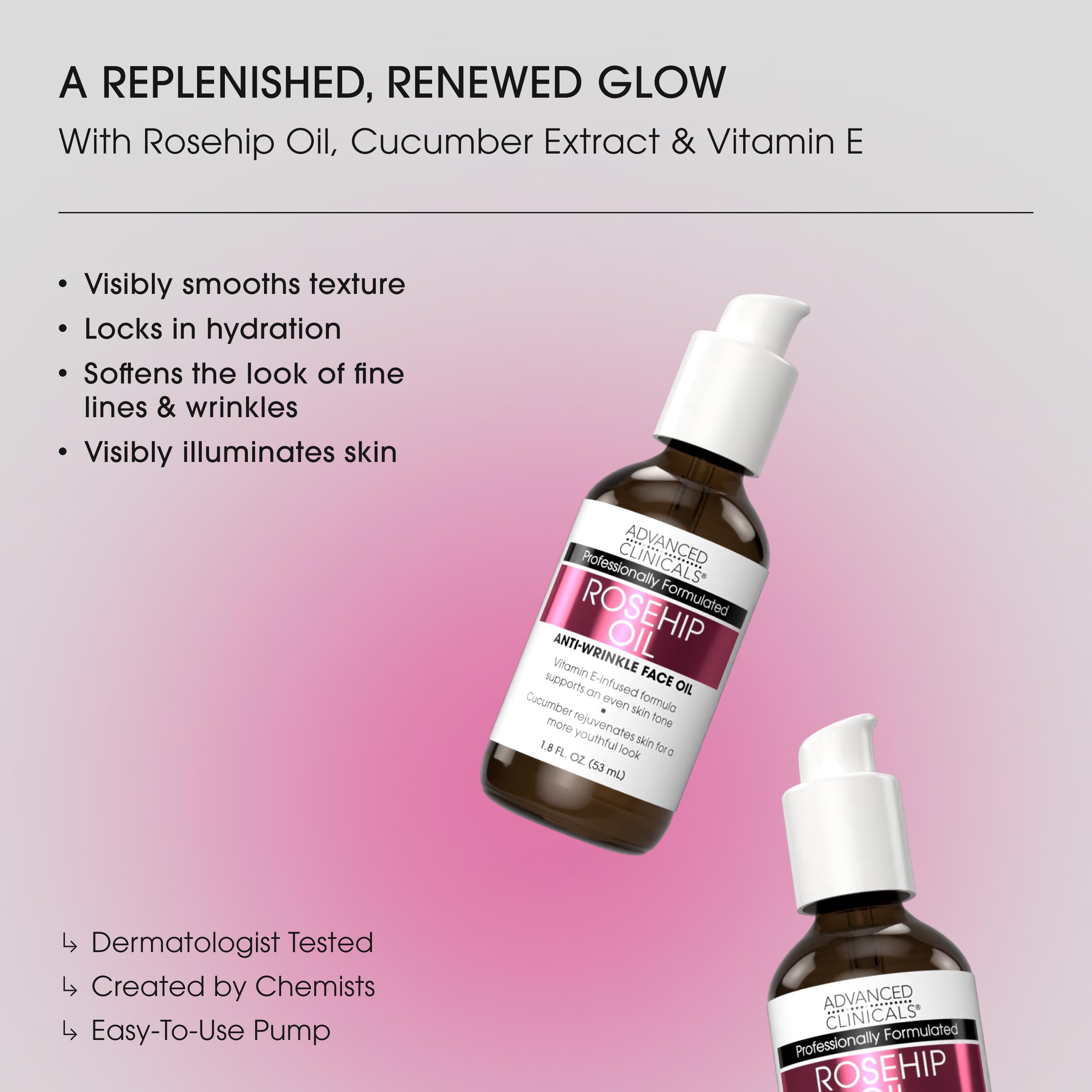 Advanced Clinicals Rosehip Oil Face ingredients with vitamin E highlight moisture