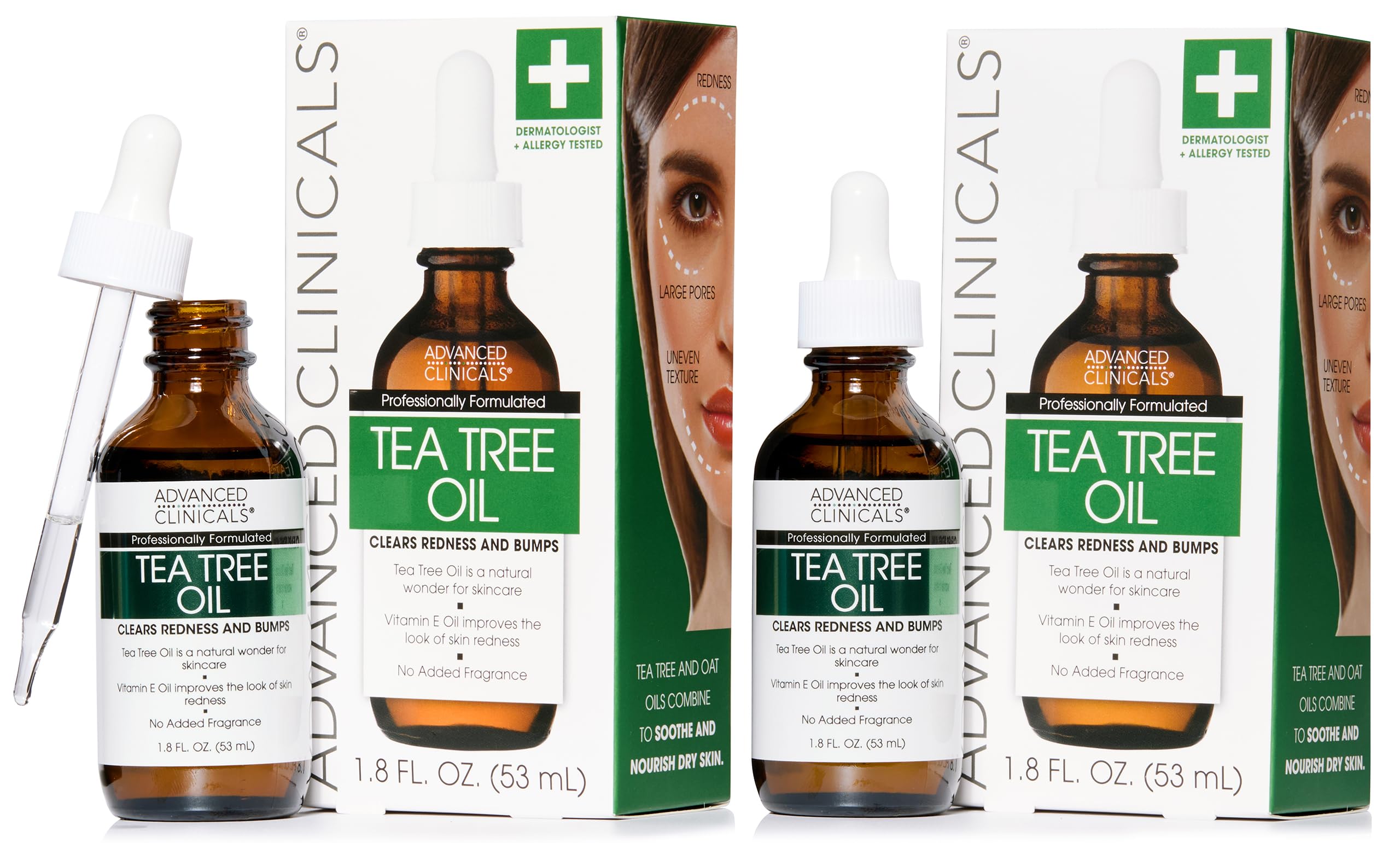 Advanced Clinicals Tea Tree Oil Serum bottle pour shows quick absorption for smoother skin
