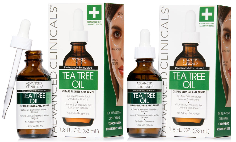 Advanced Clinicals Tea Tree Oil Serum bottle pour shows quick absorption for smoother skin