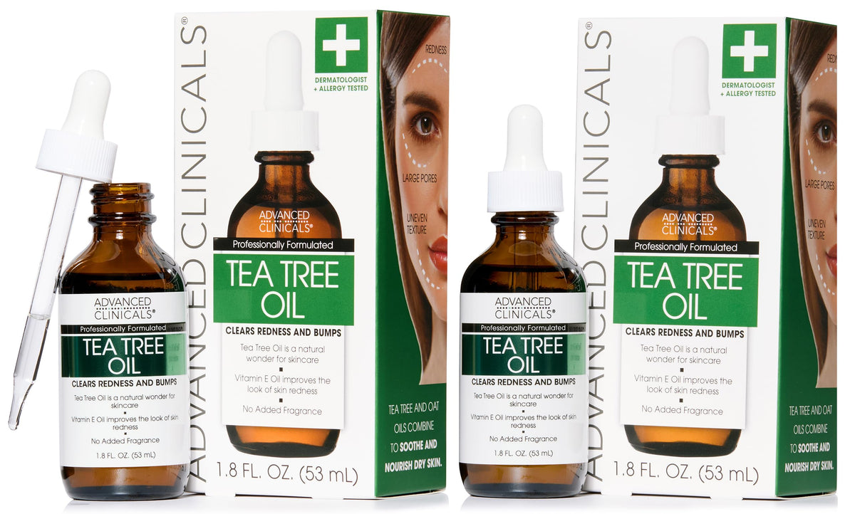 Advanced Clinicals Tea Tree Oil Serum bottle pour shows quick absorption for smoother skin