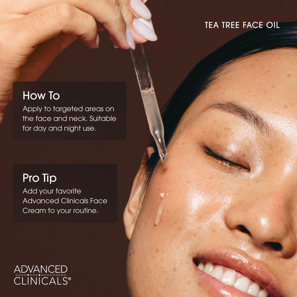 Advanced Clinicals Tea Tree Oil Serum neck application suggests even tone prep