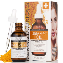 Advanced Clinicals turmeric oil serum bottle closeup promoting hydration and radiance.
