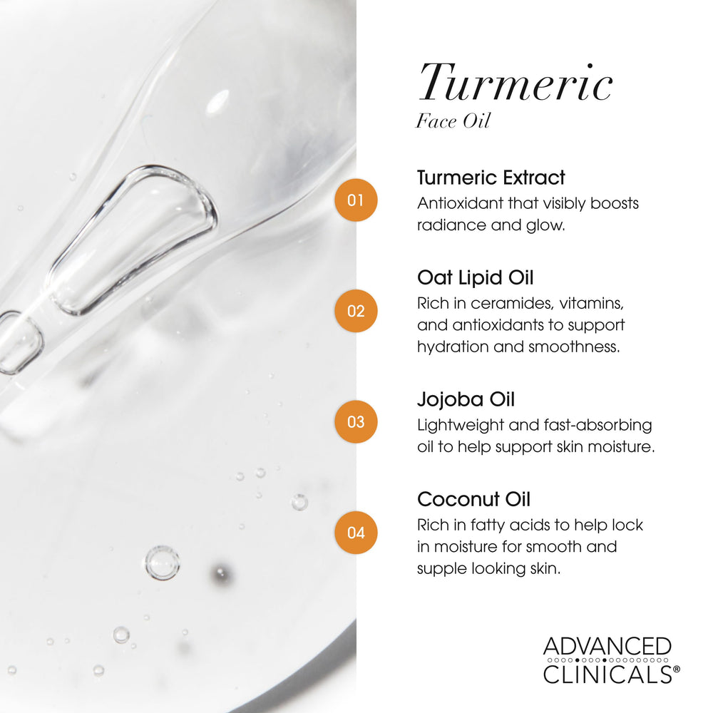 Ingredient oil blend highlights turmeric and nourishing carriers.