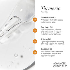 Ingredient oil blend highlights turmeric and nourishing carriers.