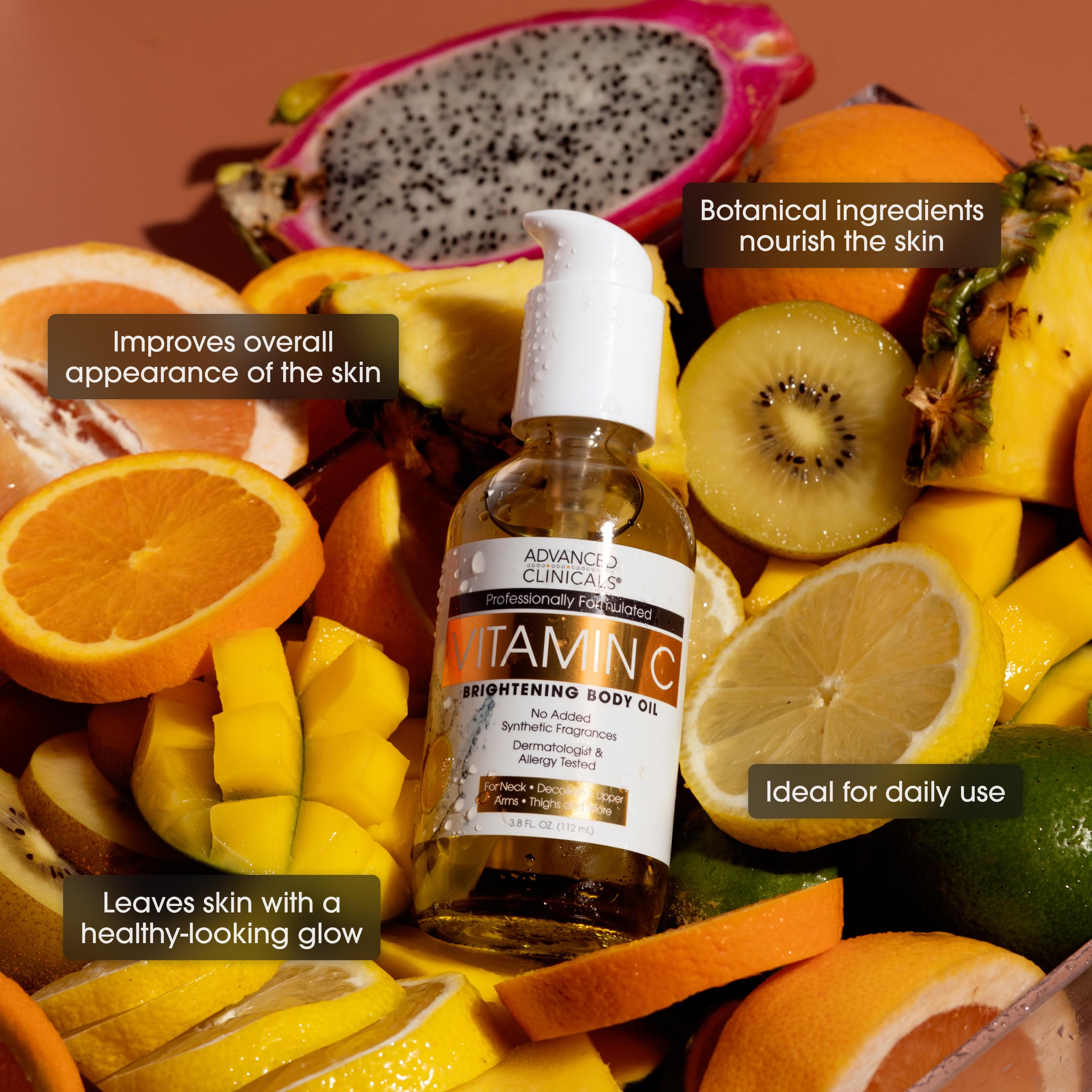 Advanced Clinicals Vitamin C Body Oil cap with citrus scent notes.