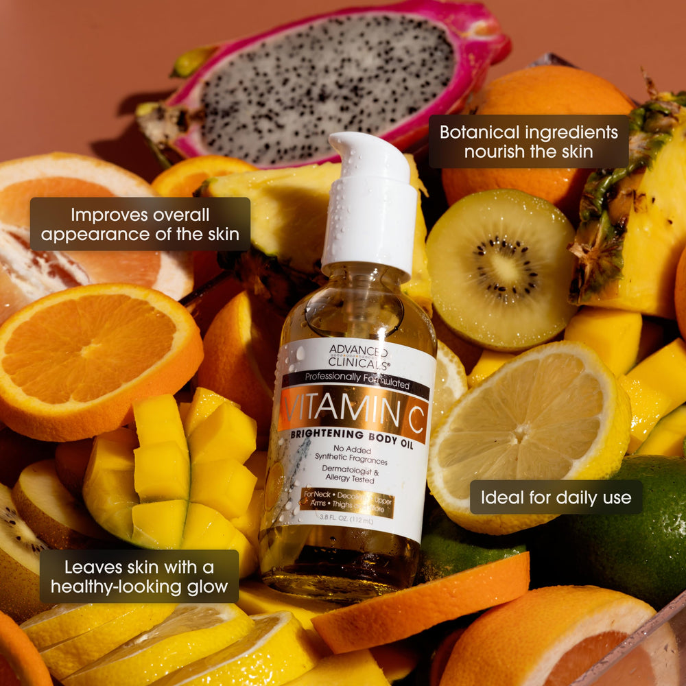 Advanced Clinicals Vitamin C Body Oil cap with citrus scent notes.