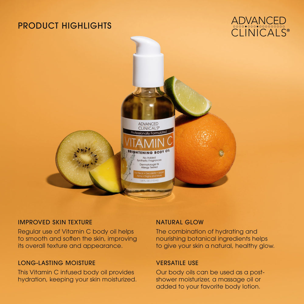 Advanced Clinicals Vitamin C Body Oil ideal for daily use on dull skin.