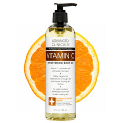 Advanced Clinicals Vitamin C Brightening Body Oil bottle closeup showing radiant glow potential