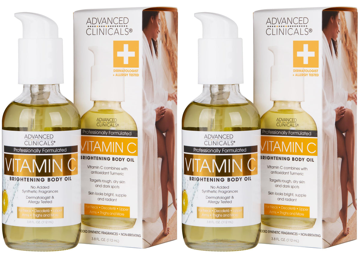 Advanced Clinicals Vitamin C Brightening Body Oil bottle pour for radiant, hydrated skin.