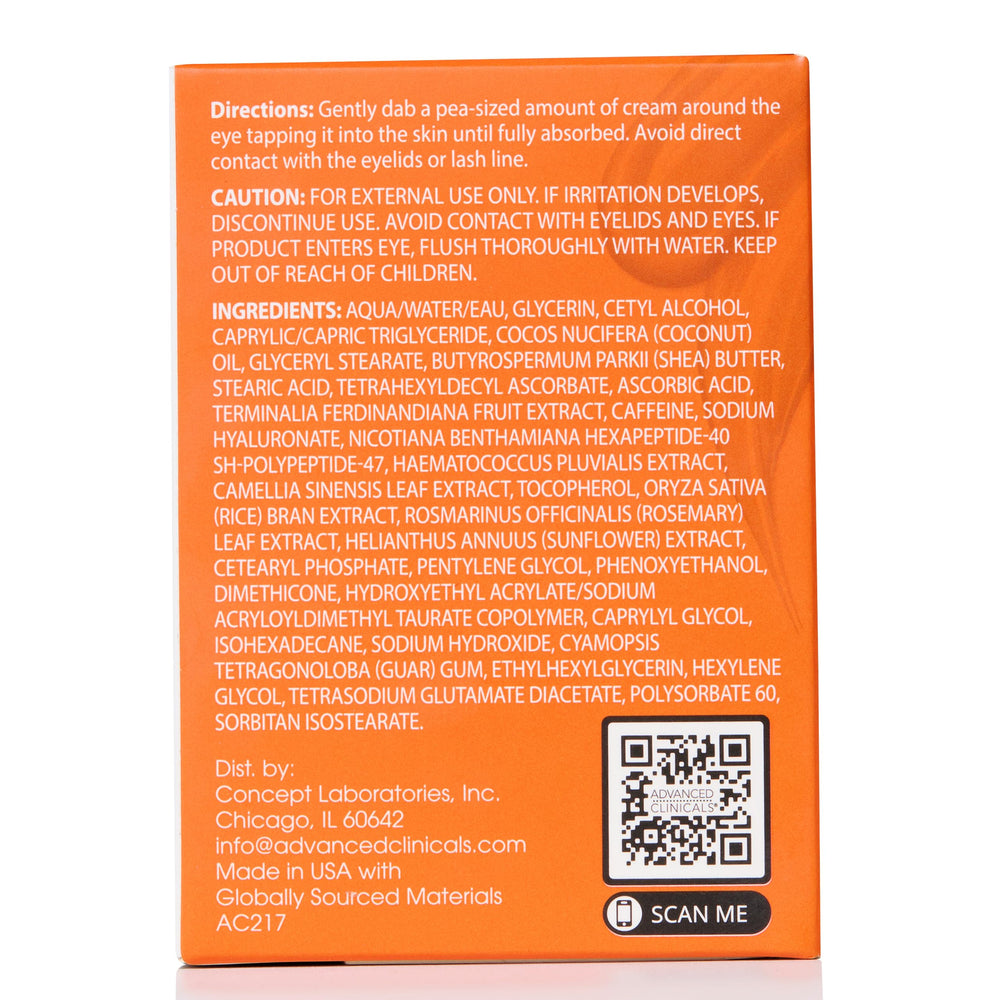 Advanced Clinicals Vitamin C Eye Balm glass bottle on vanity and mirror glow