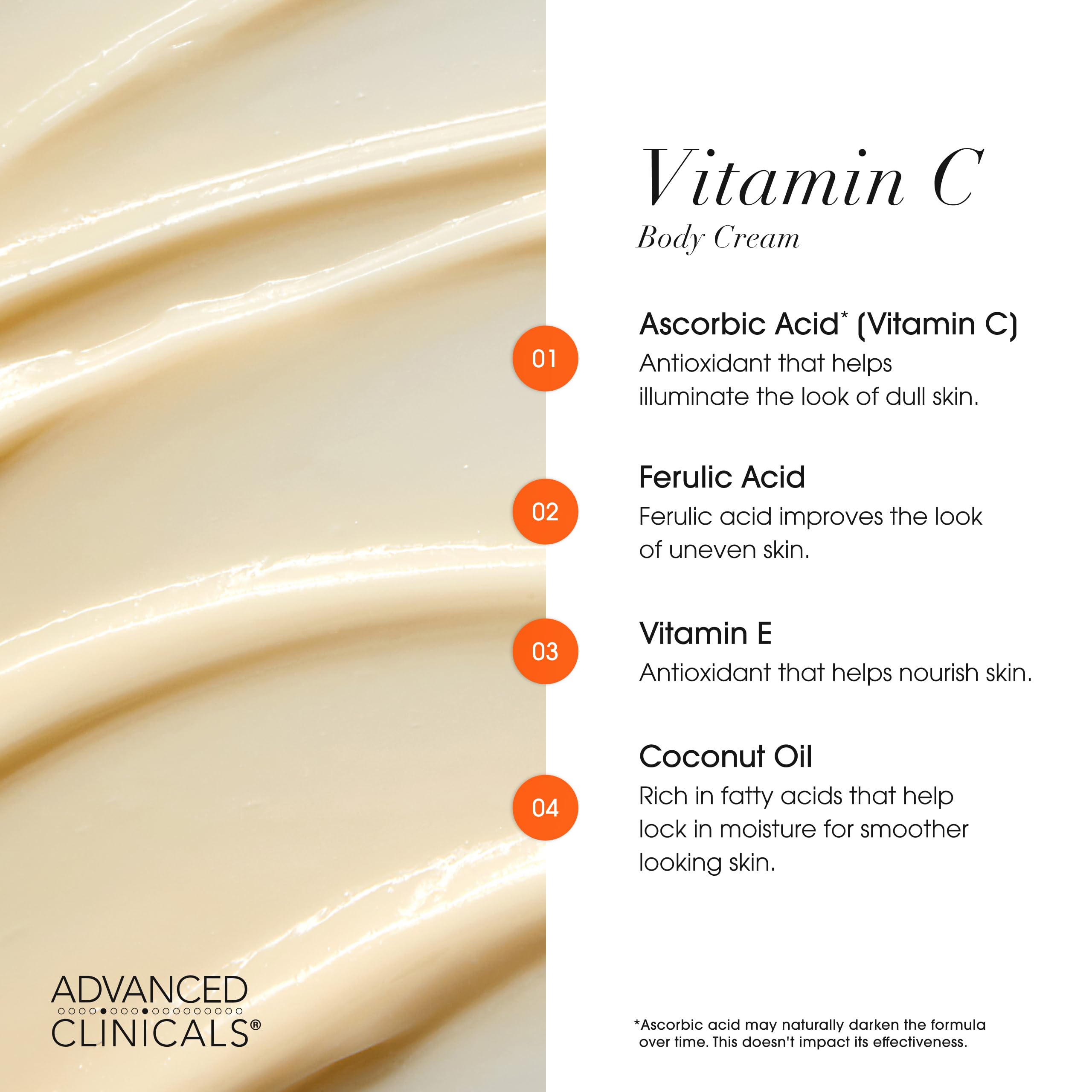 Close-up of vitamin C ferulic acid ingredients on Advanced Clinicals packaging