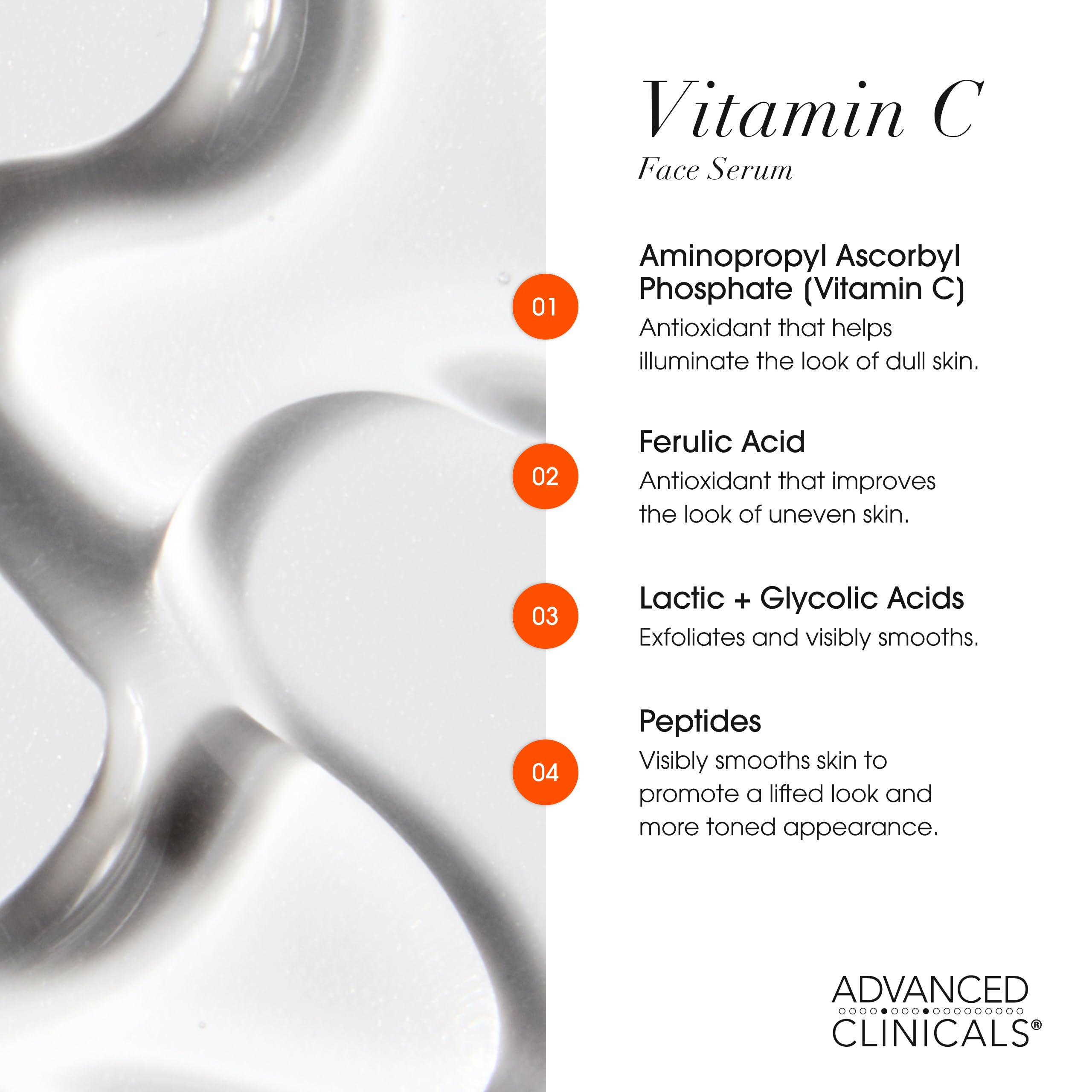 Advanced Clinicals vitamin C serum bottle highlights radiance and even tone