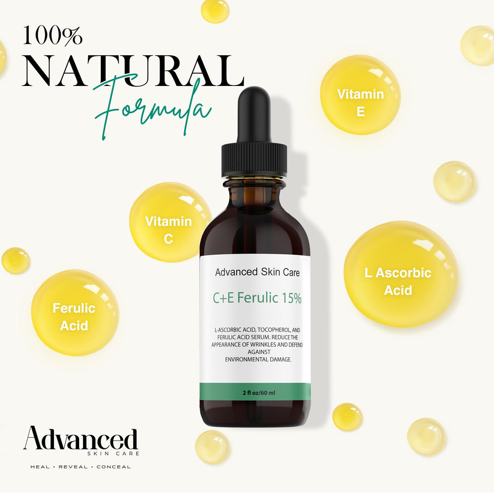 Advanced Skin Care ingredients reveal Vitamin C, Vitamin E, and Ferulic Acid.