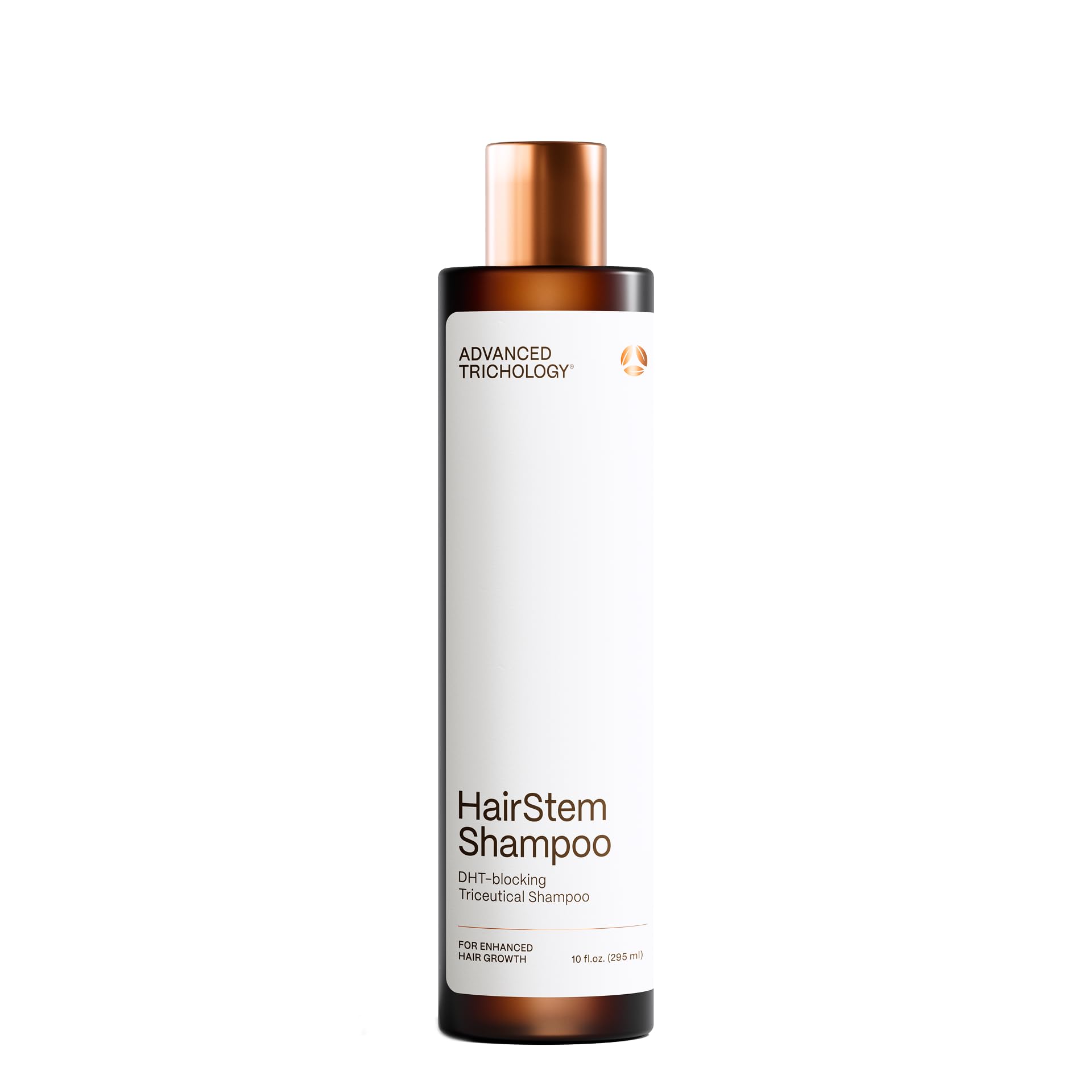 Advanced Trichology HairStem shampoo bottle highlights DHT blockers for thinning hair.