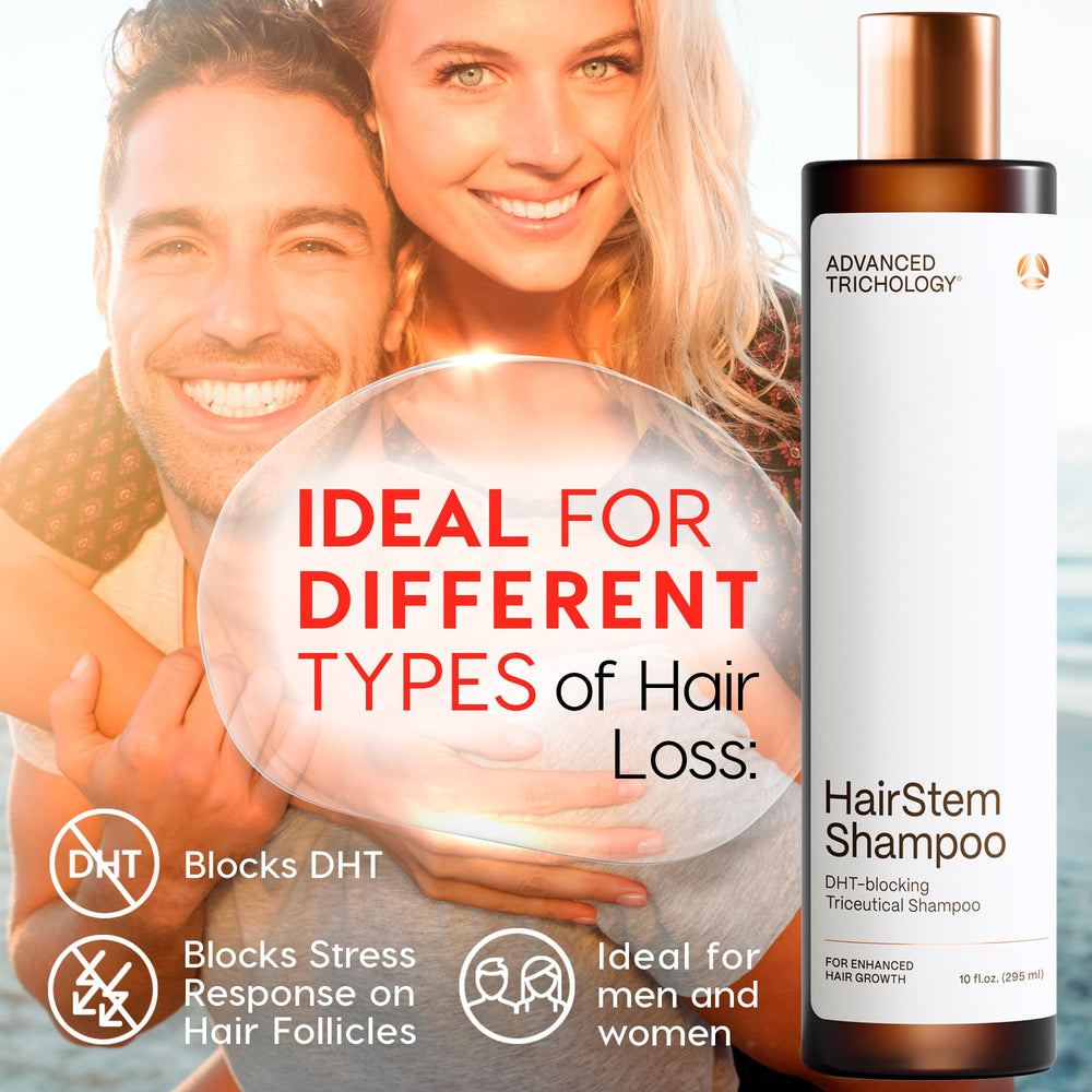 Advanced Trichology HairStem shampoo ingredients image shows biotin and botanicals for scalp care.