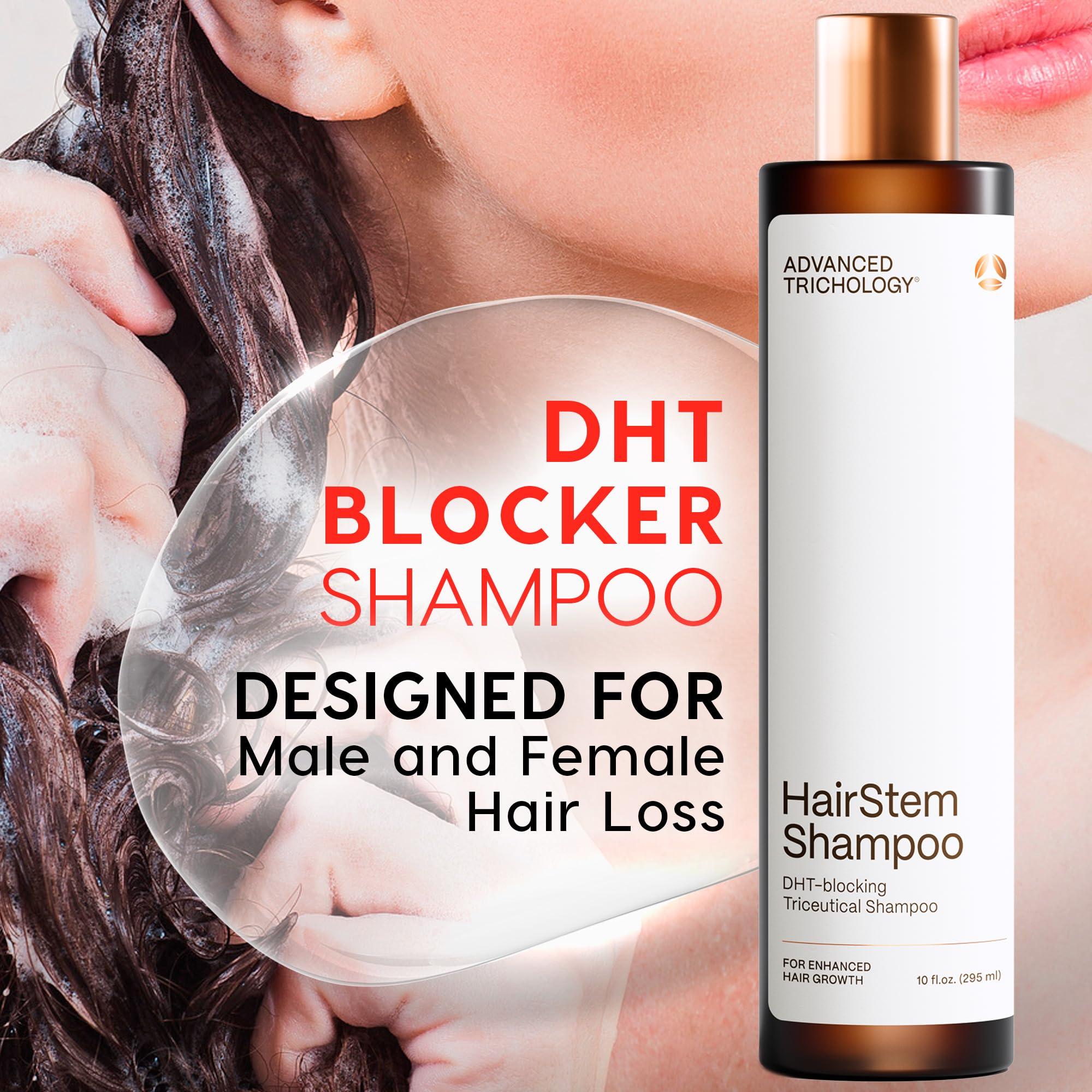 Advanced Trichology HairStem shampoo lather demonstrates gentle cleansing for daily use.