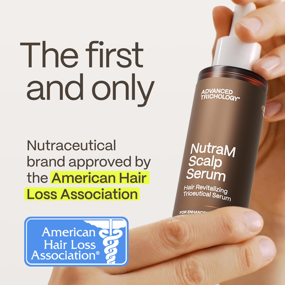 Advanced Trichology NutraM serum packaging box – USA-made and hypoallergenic.
