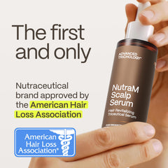 Advanced Trichology NutraM serum packaging box – USA-made and hypoallergenic.