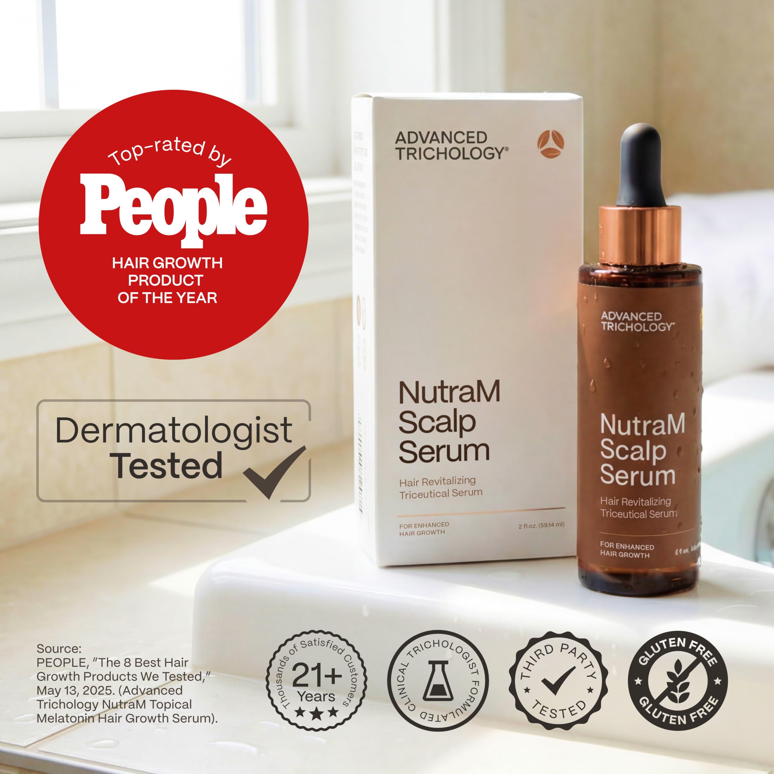 Advanced Trichology NutraM serum being applied to scalp – quick-absorb, residue-free feel.