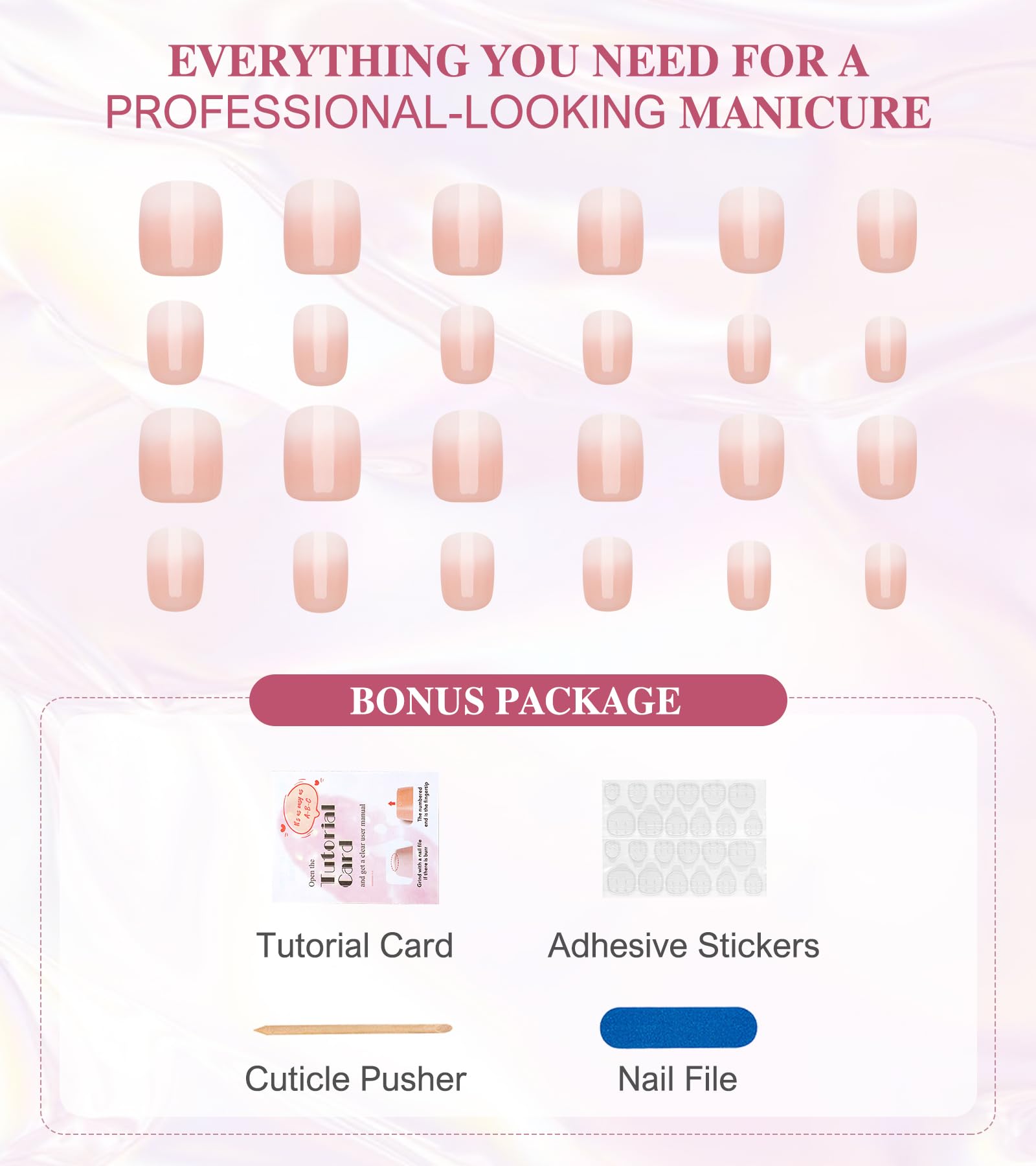 Aegenacess French glue-on kit showing quick, customizable nail art options.