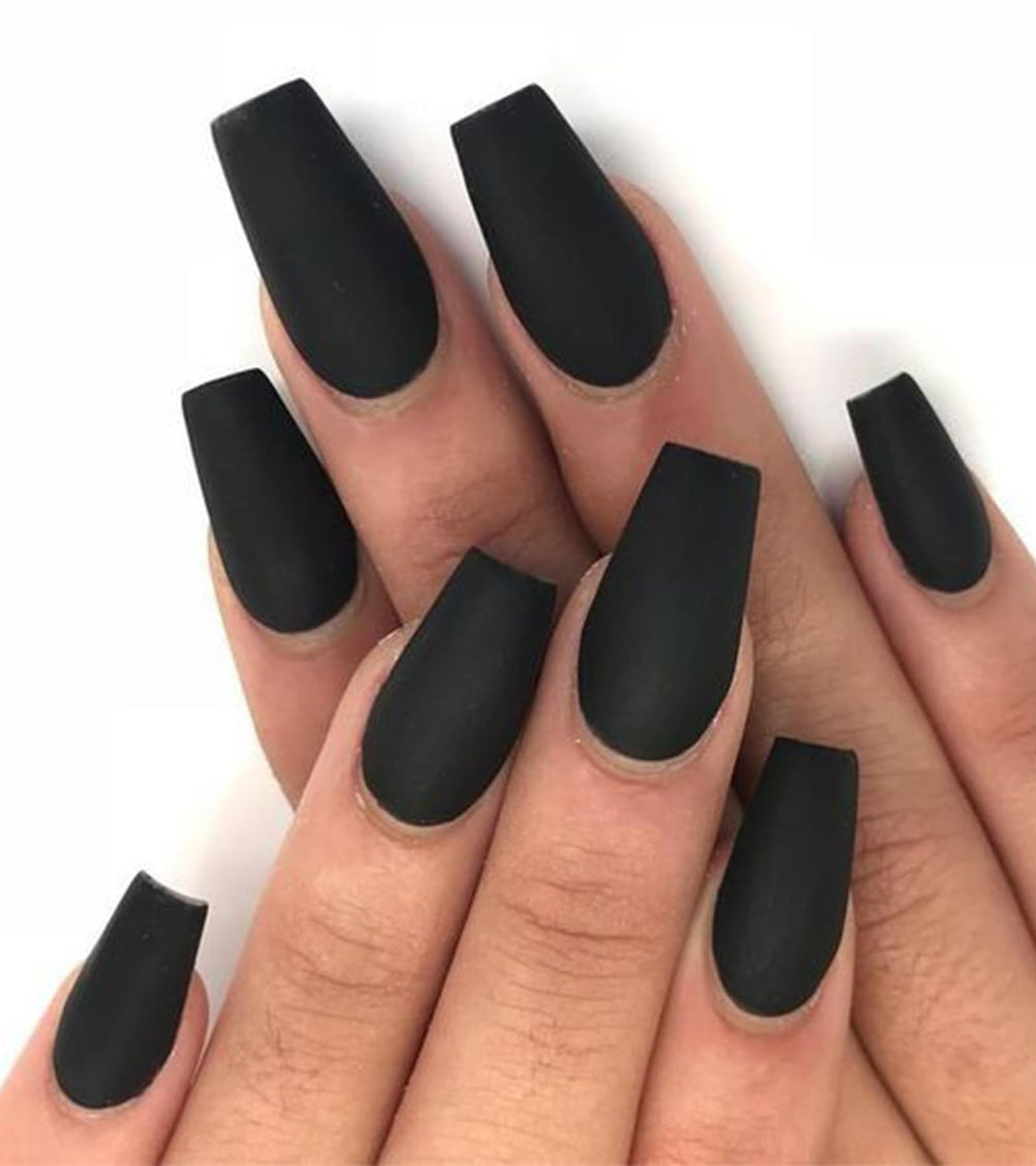 Aegenacess press-on nails in black velvet coffin matte long for dramatic everyday style.