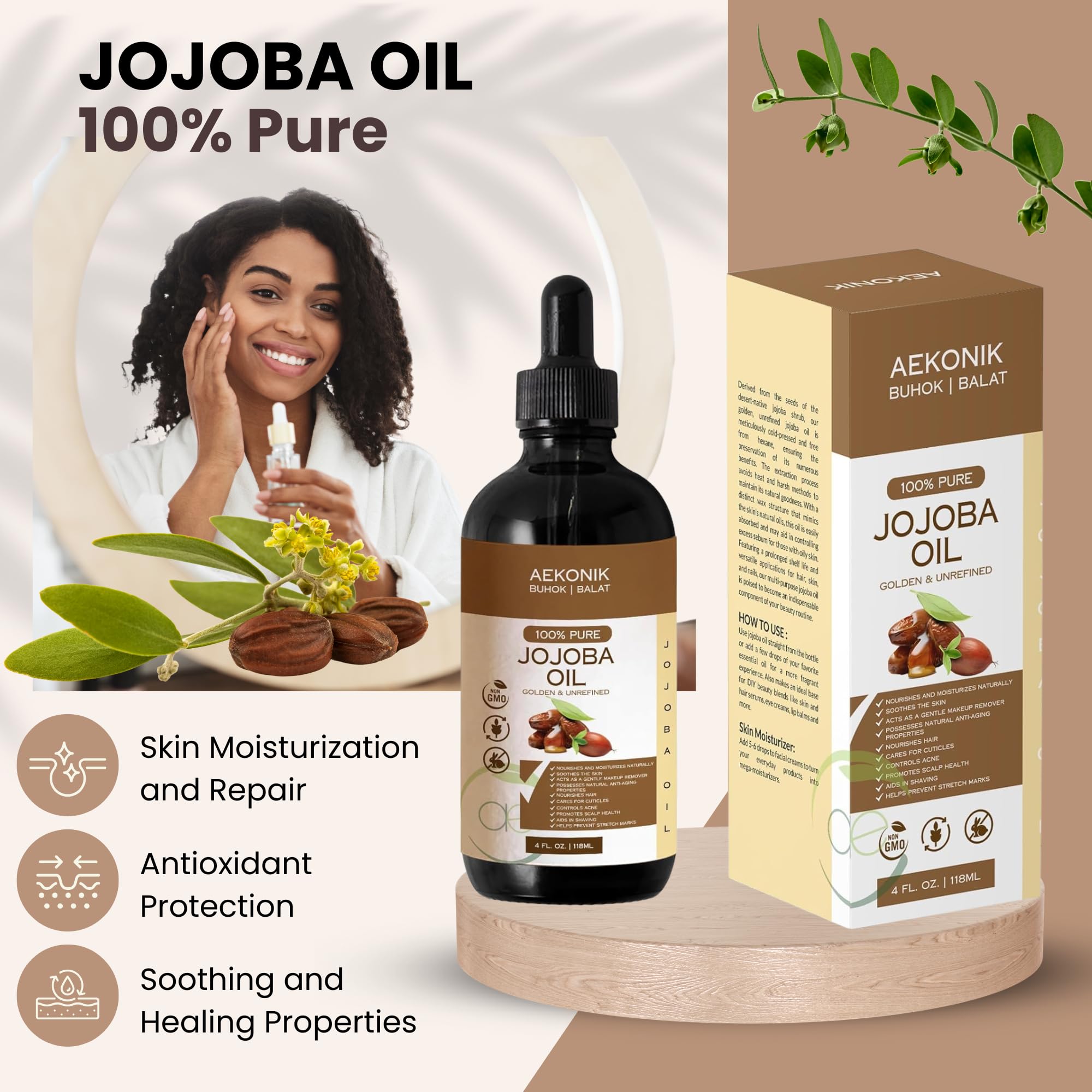 AEKONIK Jojoba Oil label highlights organic, non-GMO, vegan, cruelty-free credentials