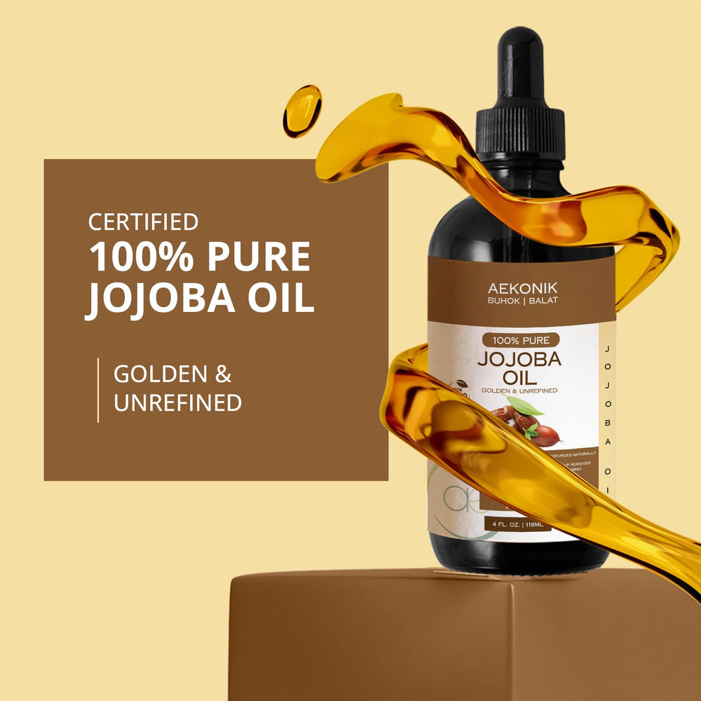 AEKONIK Jojoba Oil packaging emphasizes purity and cold-pressed extraction