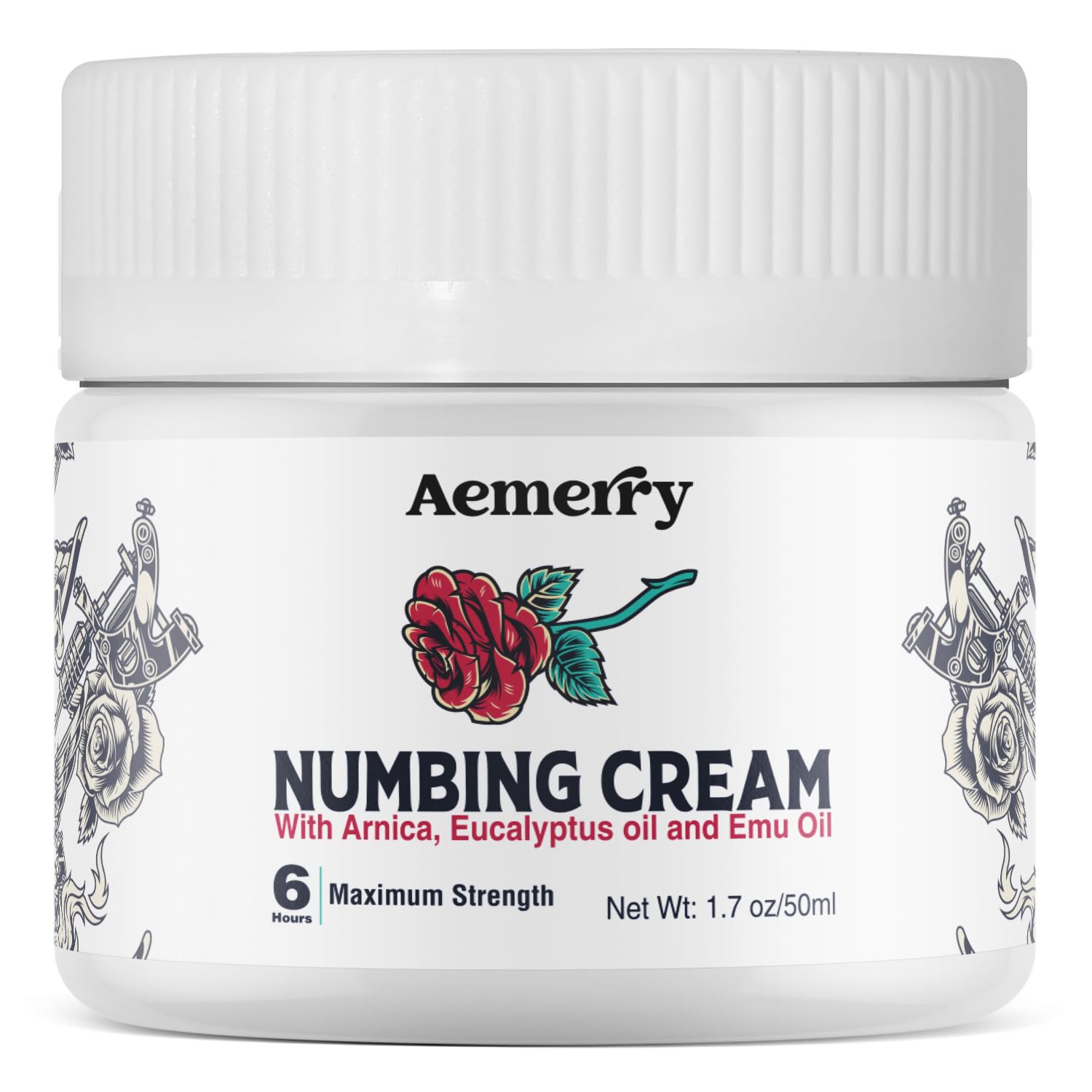 Aemerry Numbing Cream bottle showing long-lasting relief and quick-acting formula.