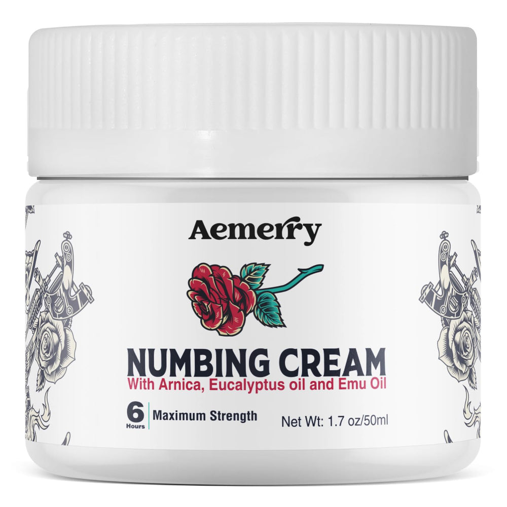 Aemerry Numbing Cream bottle showing long-lasting relief and quick-acting formula.