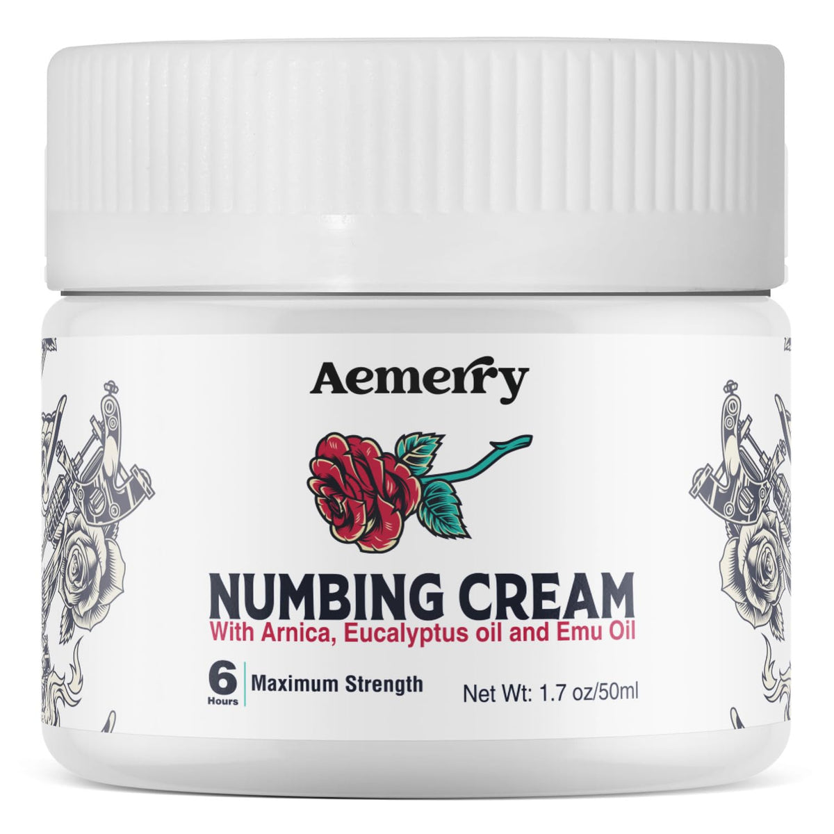 Aemerry Numbing Cream bottle showing long-lasting relief and quick-acting formula.