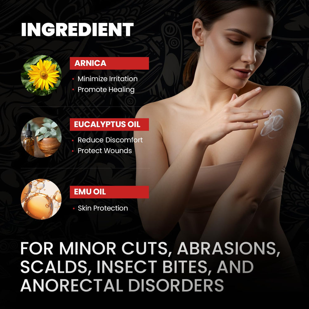 Arnica and emu oil ingredients support skin soothing and moisturization.