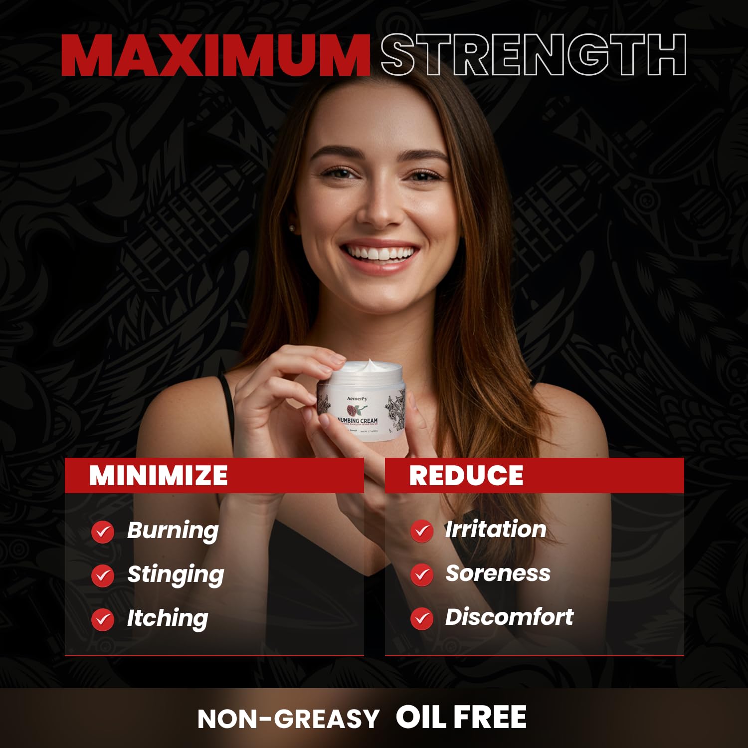 Aemerry Numbing Cream jar highlighting Arnica and Emu Oil benefits.