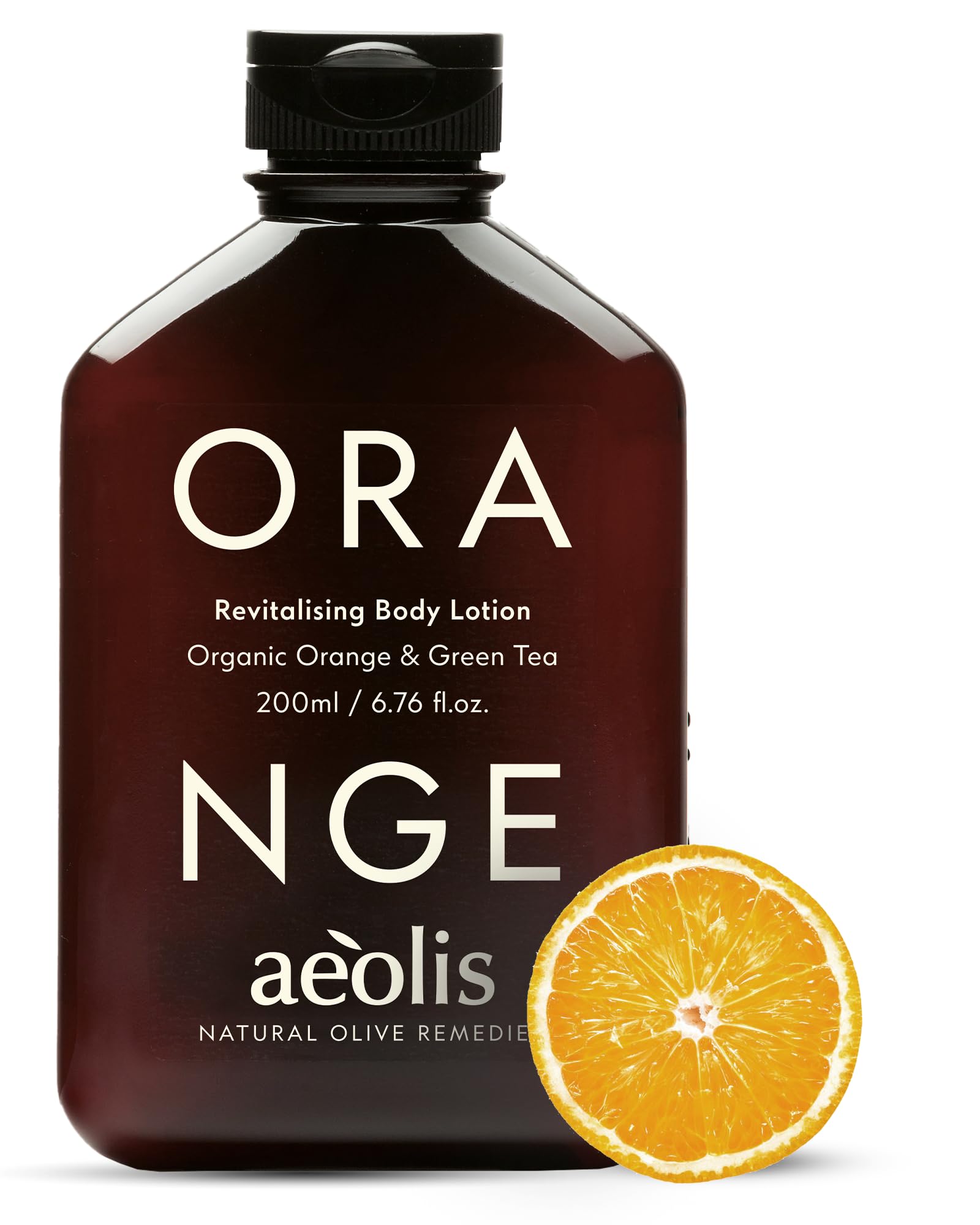 AEÒLIS Revitalising Lotion bottle shows hydrating orange and green tea formula for daily hydration