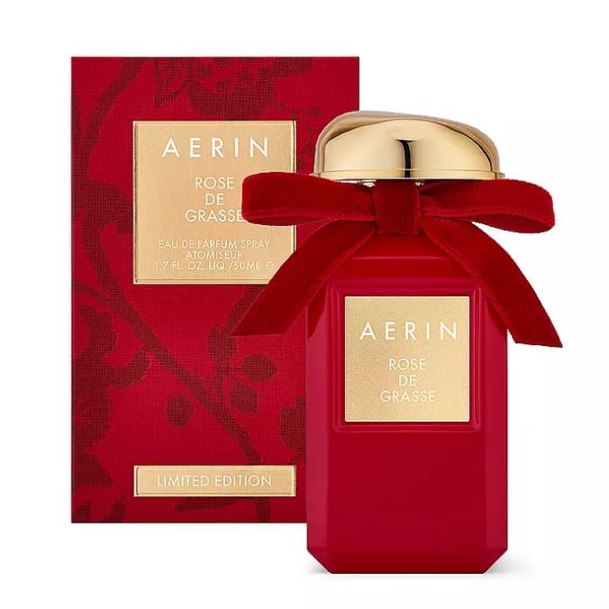 AERIN Rose de Grasse beveled bottle with red dip, ideal for autumn elegance and evening wear.