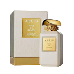 AERIN Rose De Grasse Parfum Spray bottle, elegant packaging for a timeless rose scent