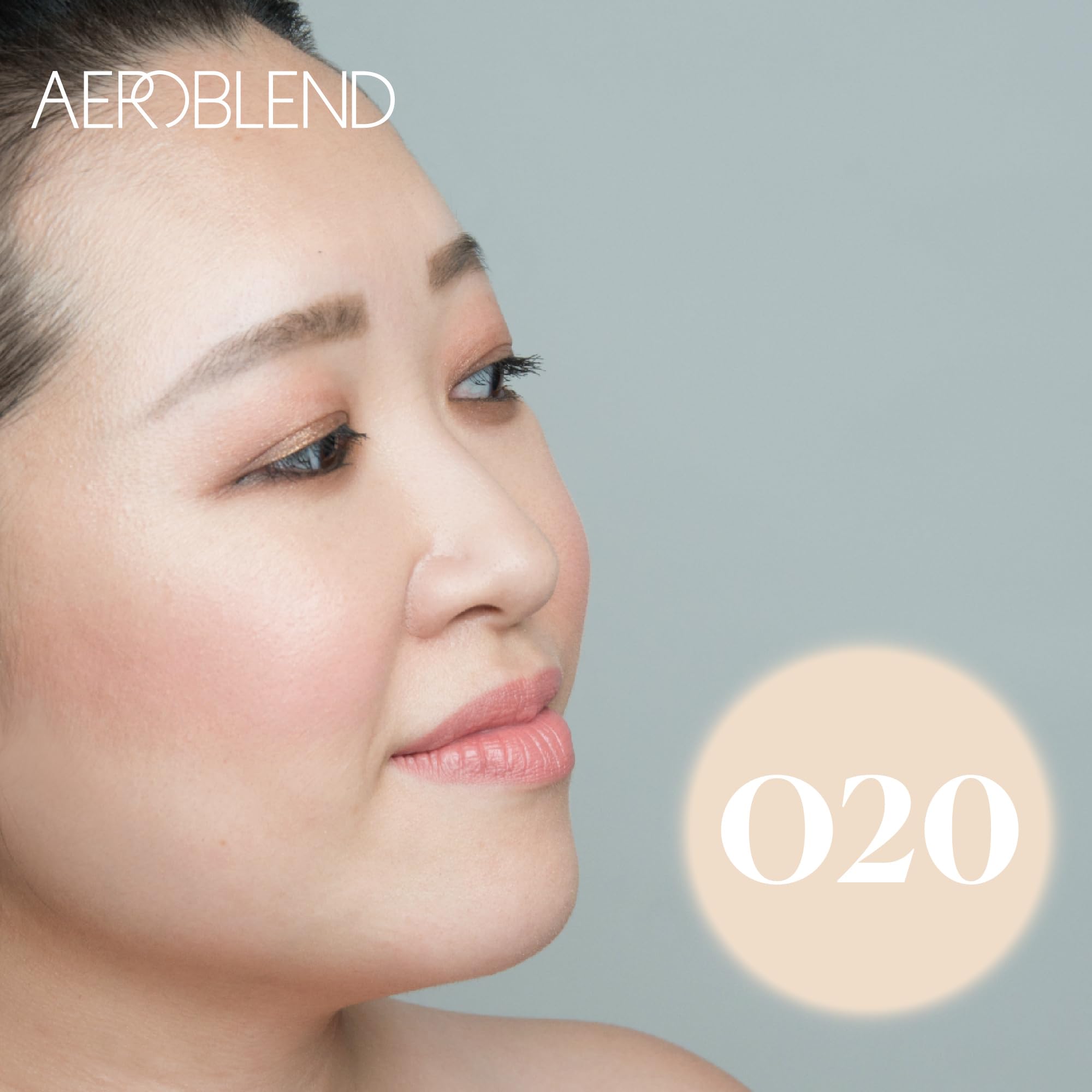 Aeroblend O20 long-wear coverage test image suggests 10+ hour durability.