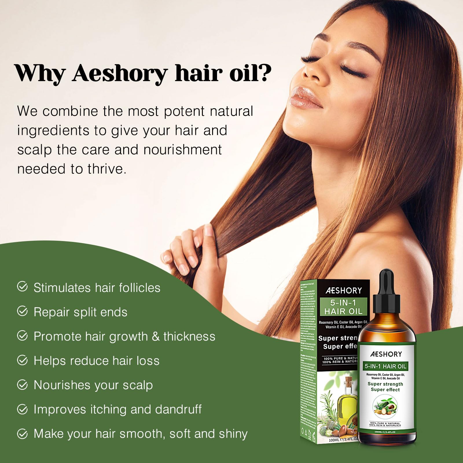 Aeshory Hair Oil vitamin E detail shows antioxidant scalp care.